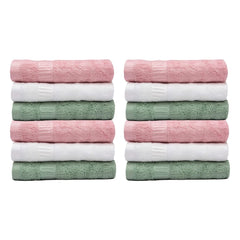 Mush 100% Bamboo Face Towel 2400 Gsm | Ultra Soft, Absorbent, Quick Dry Towels For Facewash, Gym, Pool, Sports, & Travel - Green, Pink & White (Pack Of 12)