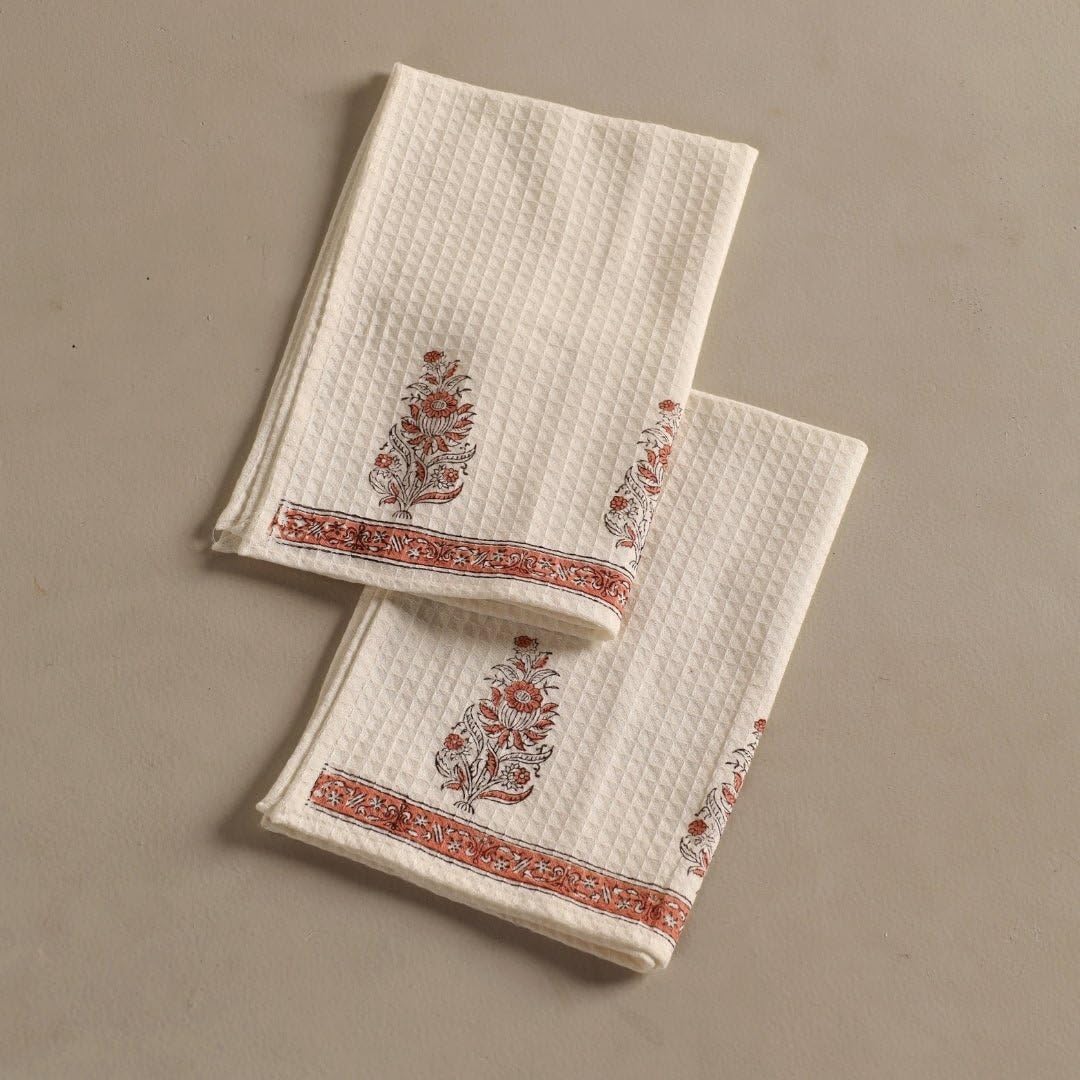 Peepul Tree 100% Pure Cotton Block Printed 2 Hand Towels 240 Gsm | Super Absorbent, Soft & Faster Drying, Floral Printed (Off-White Peach Floral)