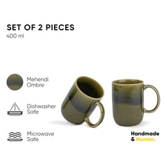 Large Ceramic Coffee Mug Set Of 2 - Mehndi Ombre, 400ml Each | Ceramic Tall Curvy Mug With Glossy Finish - Stoneware Mug For Coffee | Ceramic Coffee Mug - Microwave Safe & Dishwasher Safe