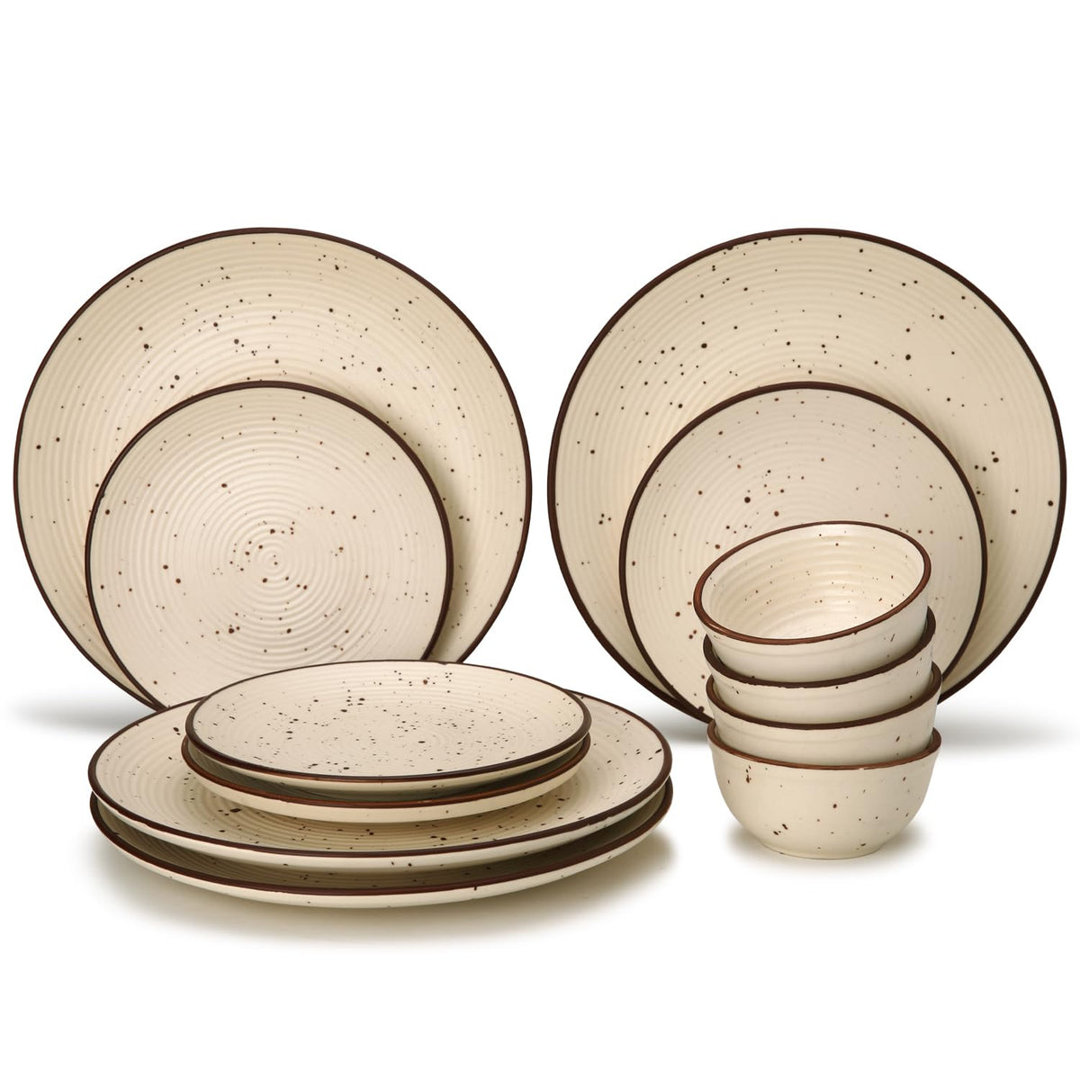 Handcrafted Ceramic Stoneware Dinner Set - Pack Of 12, Beige | 4 Dinner Plates, 10.6 Inch Each + 4 Small Plates, 7.4 Inch Each+ 4 Small Dinner Bowl, 180ml Each - Microwave & Dishwasher Safe