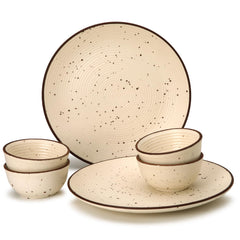 Handcrafted Ceramic Stoneware Dinner Set - Pack Of 6 Pcs, Beige | 2 Dinner Plates, 10.6 Inch Each + 4 Small Dinner Bowl, 180ml Each - Microwave & Dishwasher Safe | Crockery Set For Dining & Gifting