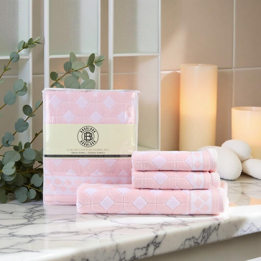 Brodloom Cotton 1 Bath Towel + 2 Hand Towels 950 Gsm | Ultra Soft, Quick Dry & Premium Gift Set Towel (Baby Pink)