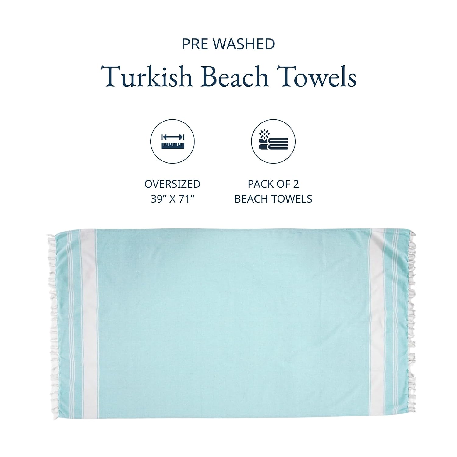 Lane Linen Turkish Beach Towels Extra Large 699 Gsm | Pre-Washed For Soft Feel Oversized Sand Free Quick-Dry Pool Towel - Aqua (Pack Of 2)