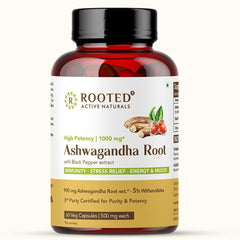 Rooted Ashwagandha Root Capsules 5% Withanolides, Pure Extract, Supports Stress, Anxiety Relief, Energy & Immunity 500mg | 60 Veg Tablets 100gm 0.2lbs