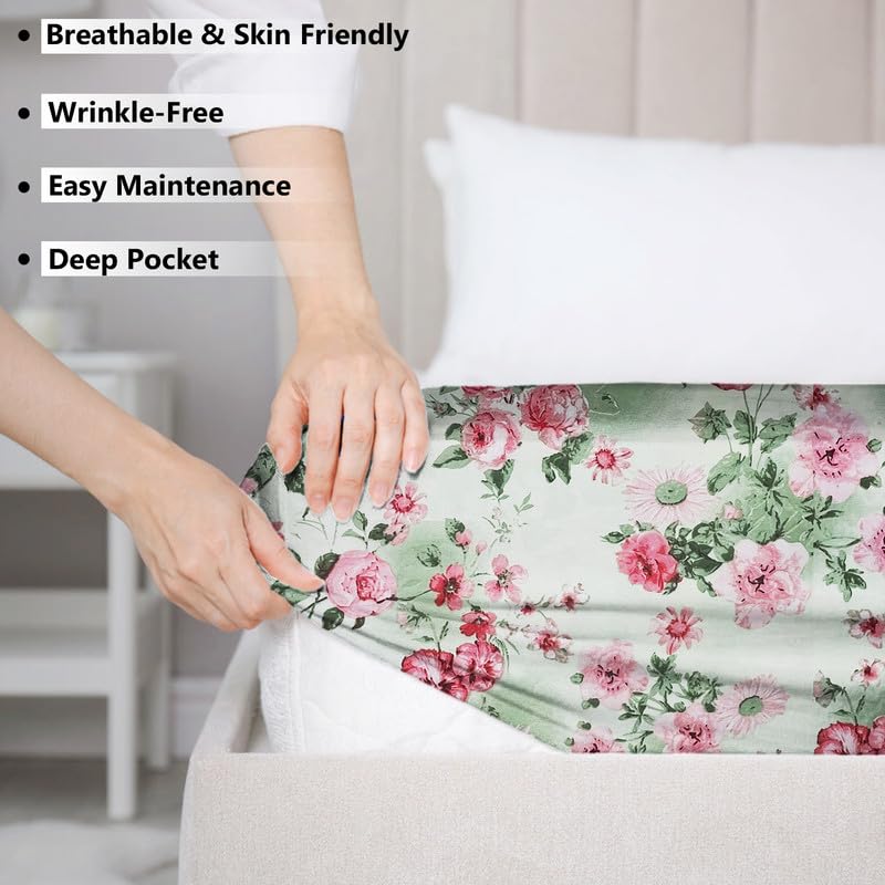 Cotton Fitted Bedsheets With 2 Matching Pillow Covers For King Bed | Size 78x72+10 Inches, Green & Pink - Soft, Durable & Wrinkle Free | Ideal For Daily Use