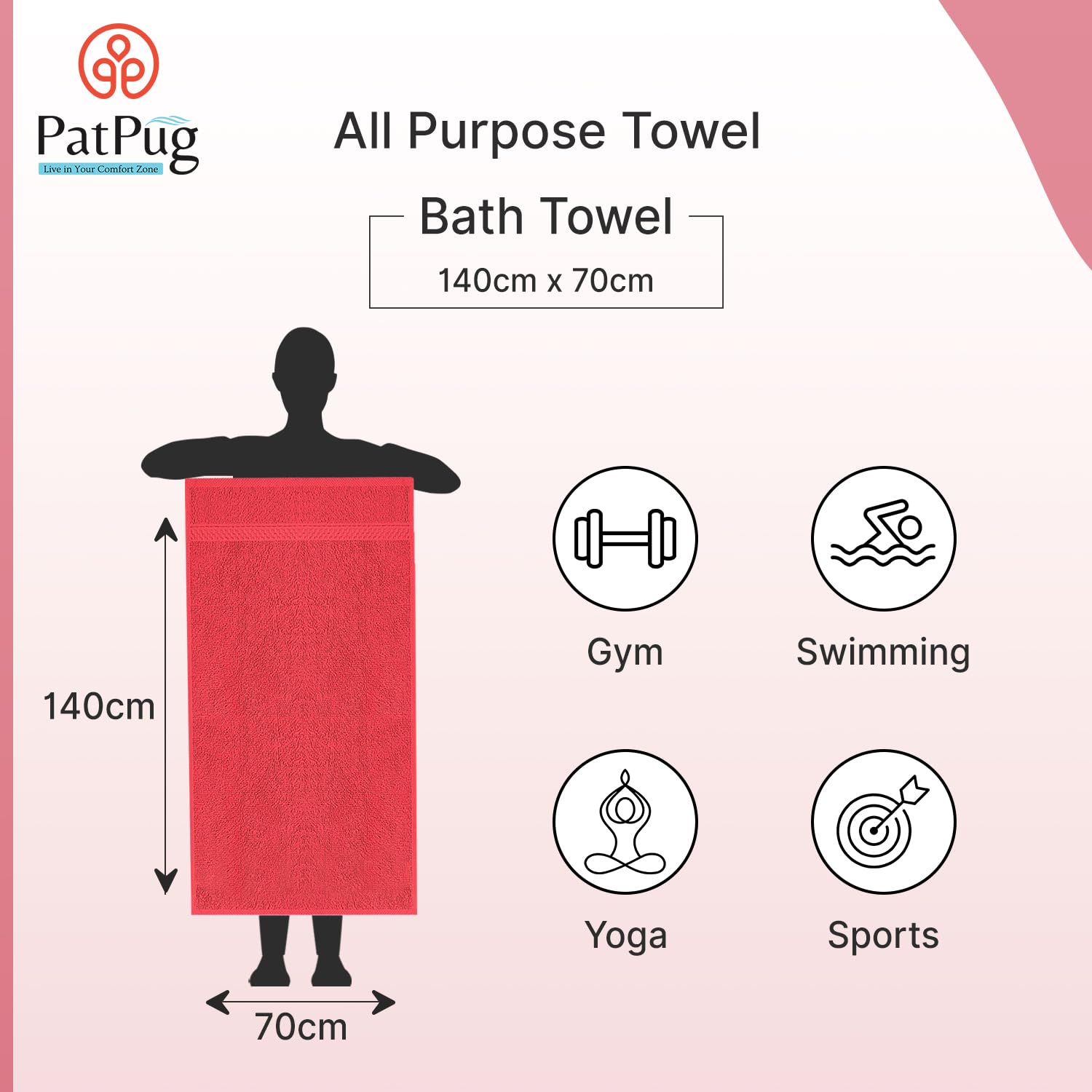 PatPug 100% Indian Ultra Soft Cotton 450 Gsm Bath Towel Large Bath Towel | Highly Absorbent Quick Drying Durable Towel For Men, Women & Kids (Ruby Red & Ocean Blue)