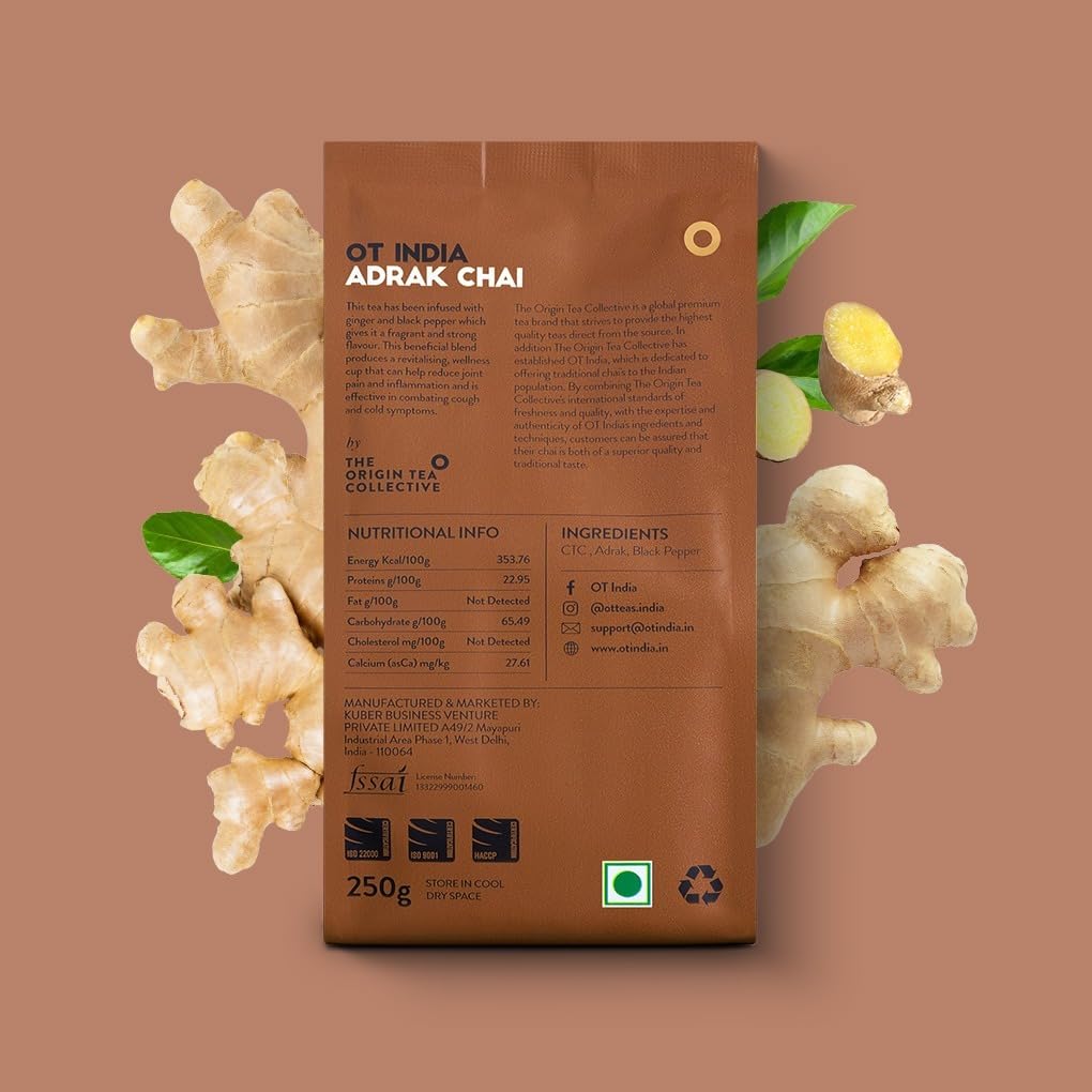OT India Adrak Chai + Masala Chai - Pack Of 2 X 250gm, 8.8 Ounce Each | Ginger Tea & Premium Mix Of 7 Spices Tea - Strong, Natural & Aromatic Flavor | Caffeine Free