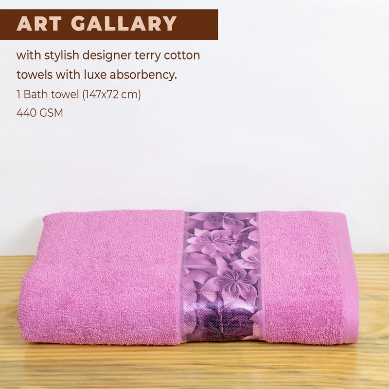 Rangoli 100% Cotton Fibre Bath Towels 450 Gsm | Highly Durable & Absorbent With Printed Border | Quick Drying Towels (Pink)