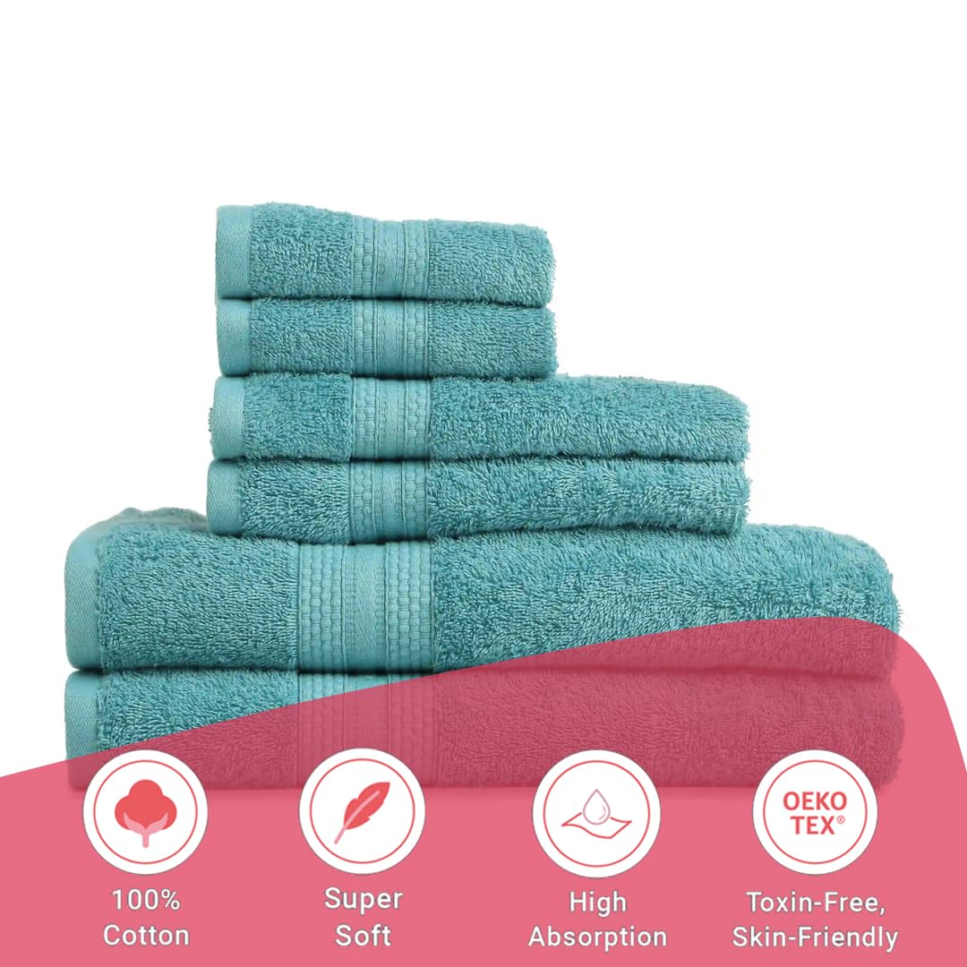 Livspace 100% Cotton 2 Bath, 2 Hand & 2 Face Towel 1300 Gsm | Solid Dyed Super Soft Absorbent & Quick-Dry For Gym & Home Paleto Collection Towel (Teal)- Set Of 6