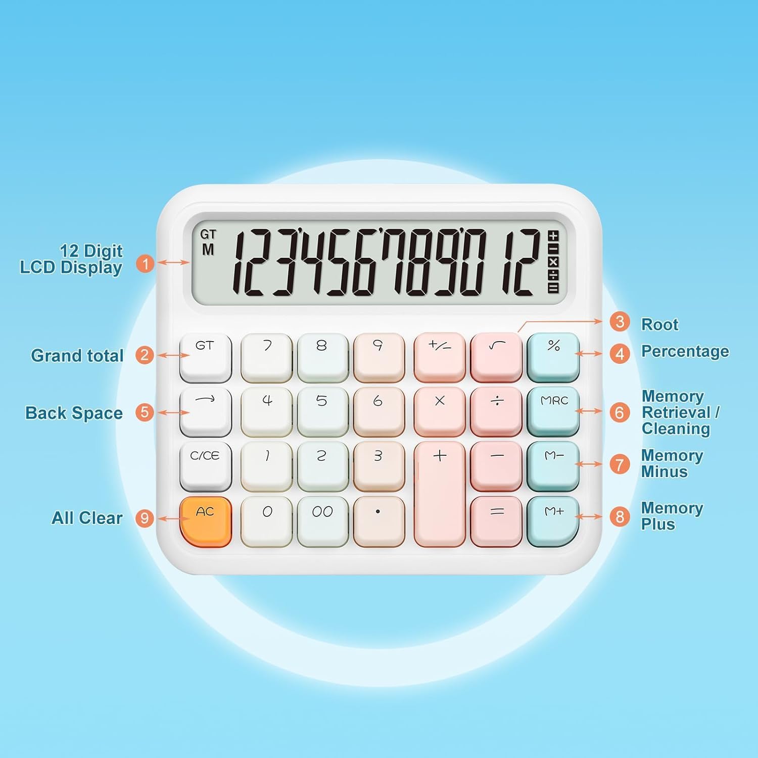 Arsenio New Colorful Mechanical Cute 12 Digit Large LCD Display Big Round Button Calculator Easy To Press With Battery & Solar For School Office Business Home (Multicolor) (Design-04)