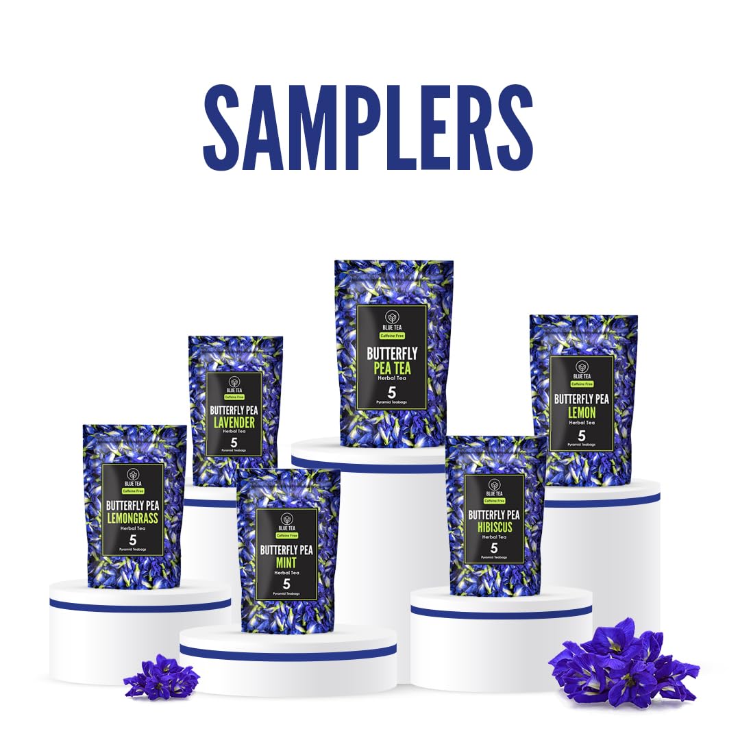 Blue Tea Assorted Butterfly Pea Flower Tea Sampler - 6 Flavors Variety Pack, 30 Tea Bags | Flower Based Herbal Tea - Caffeine Free, Non-GMO, Natural Ingredients | Assortment Box