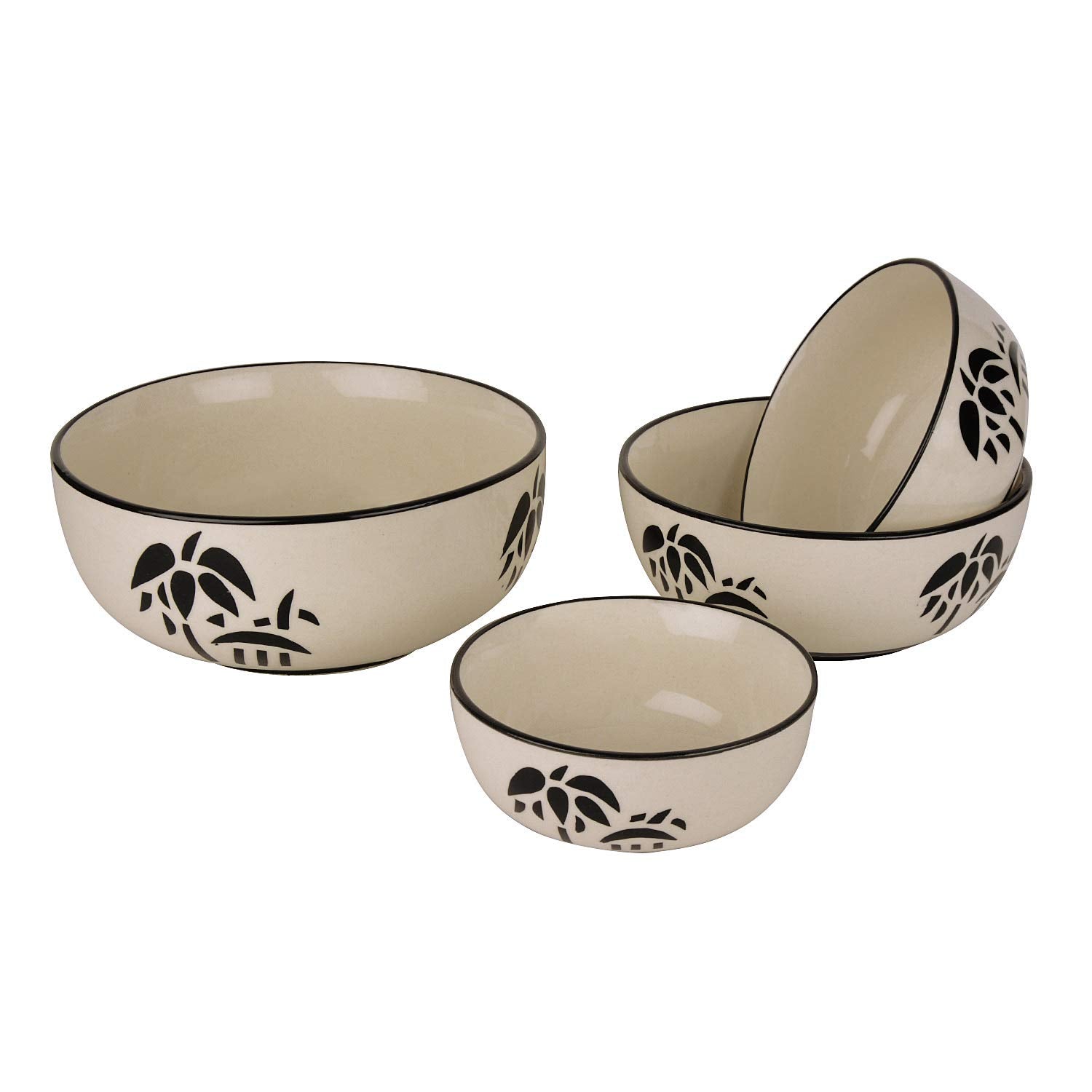 Studio Pottery Hand Painted Dinner Serving Bowl Set Of 4 - 1200ml, 650ml, 450ml & 250ml, Off White & Black | Dinner Serving Donga Set - Stackable Kitchen Bowl Set