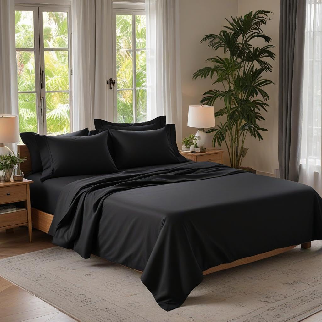 Solid King Size Fitted Bedsheet With 2 Pillow Cover - 72 X 78 + 12 Inches, Black | Comfortable, Wrinkle Resistant, Fade Resistant & Environmentally Friendly