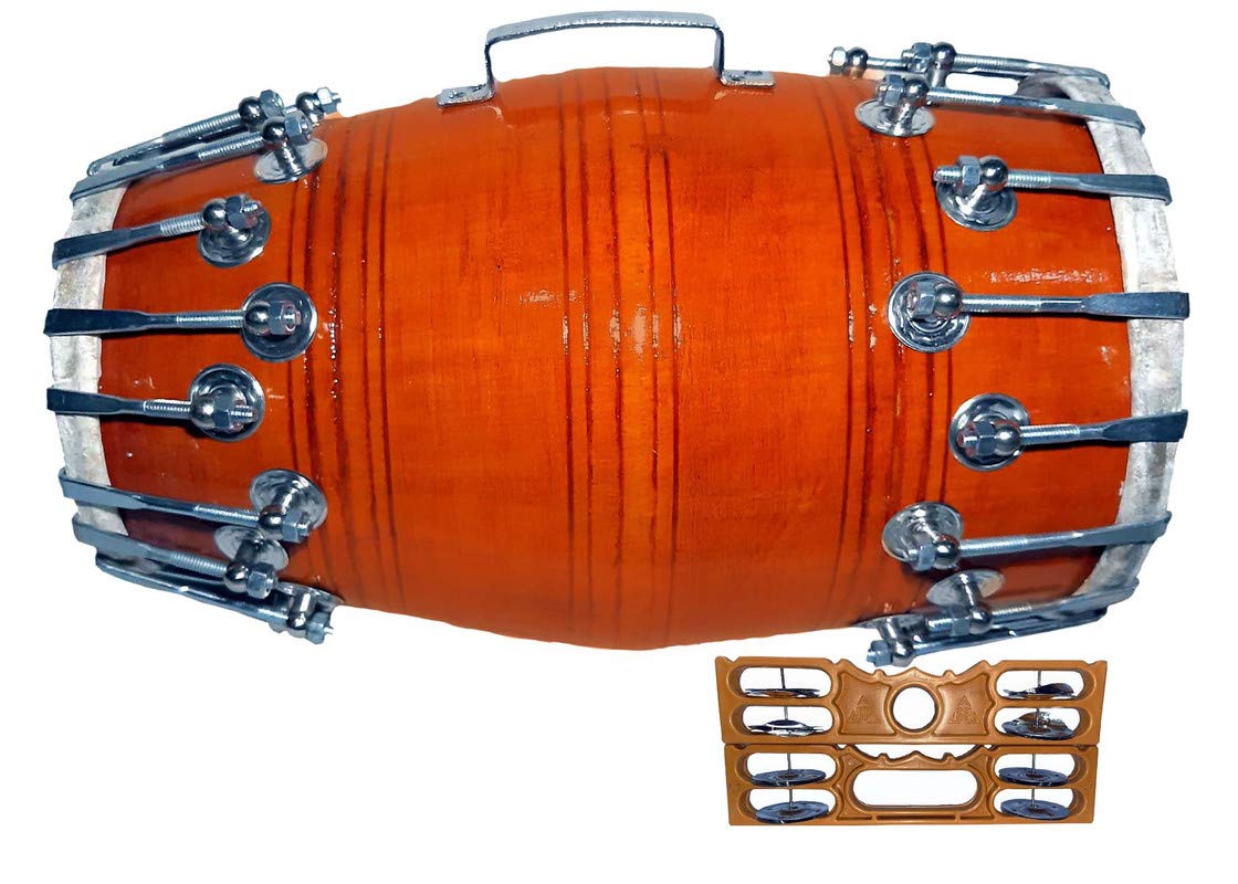 Wooden Nut & Rope Goat Skin Dholak With Khartal, Beautiful Shiny Color Orange - Perfectly Symmetric Round Dholak | Dholak For Festival, Wedding, Satsang - Very Easy To Tune, Easy To Learn