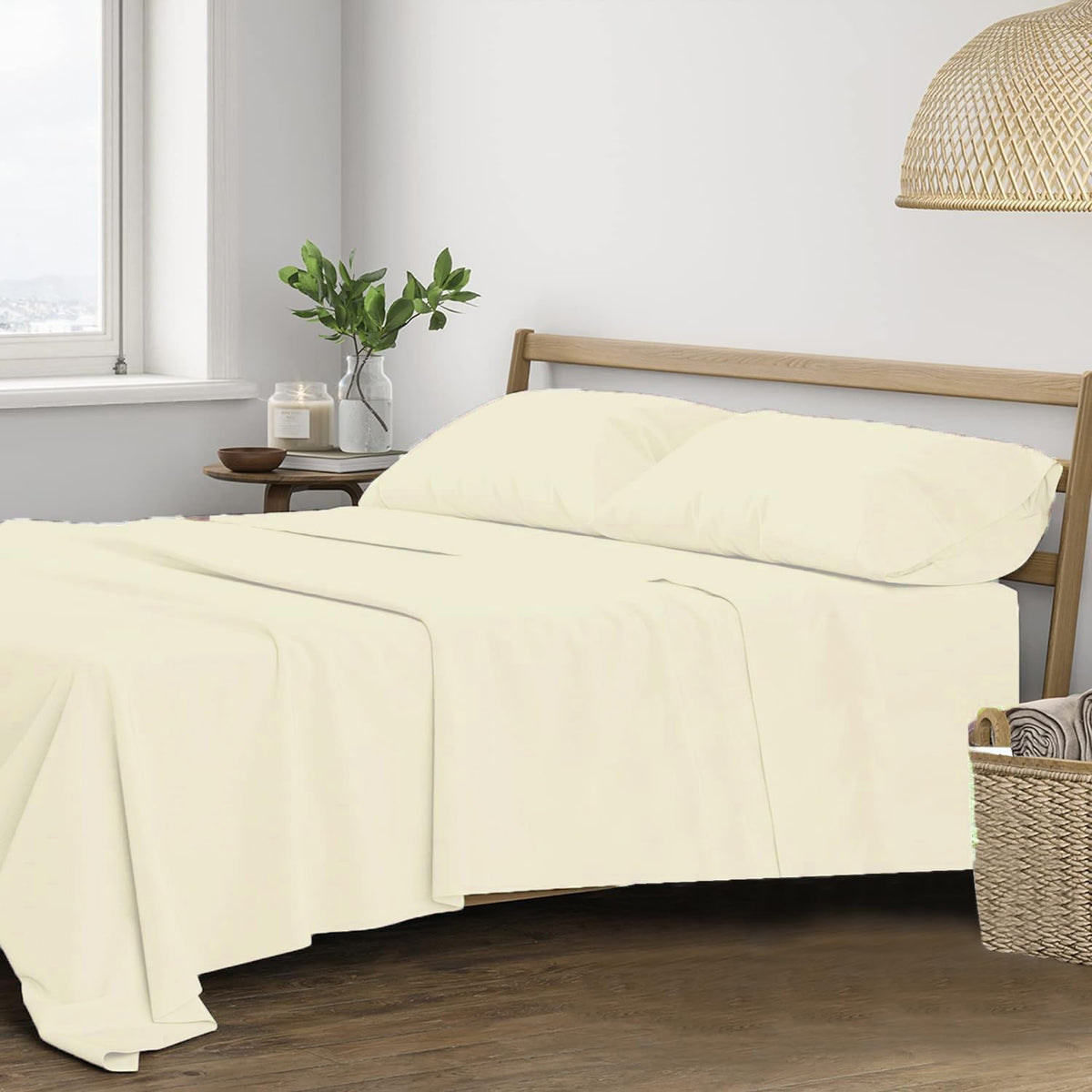 100% Cotton Plain King Size Bedsheet With 2 Pillow Covers | 108 X 108 Inches, Ivory | Breathable & Skin Friendly - Soft & Durable For Everyday Use & Bedroom