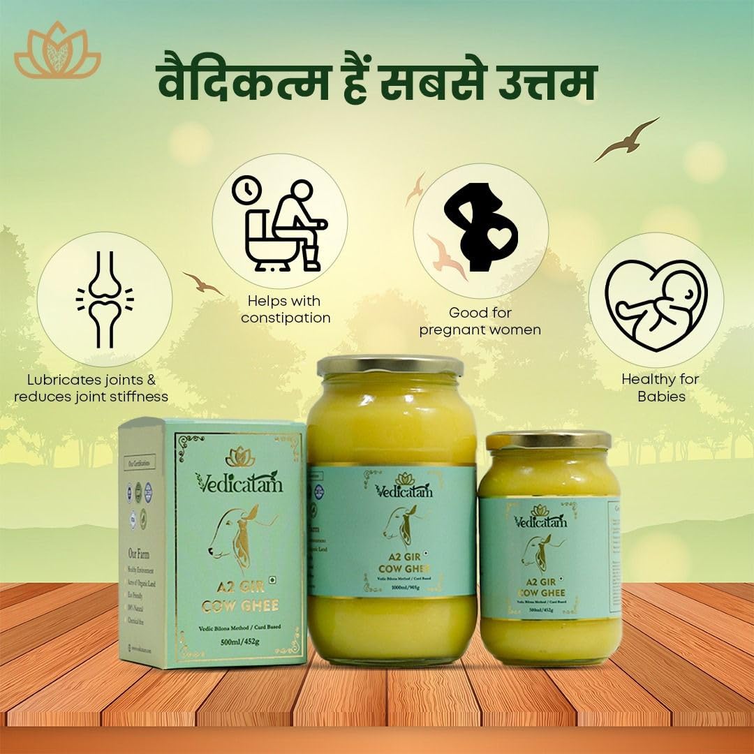 Natural A2 Gir Cow Desi Ghee By Vedicatam | Traditional Bilona Method Curd- Churned Healthy Pure Desi Ghee | (1 Litre) 33.8 Ounce | Jar Pack