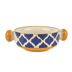 Ceramic Hand Painted Mughal Design Soup Bowls With Handle Set Of 6 - 300ml Each, Blue & Yellow | Ceramic Maggi Bowls - Cereal Bowls