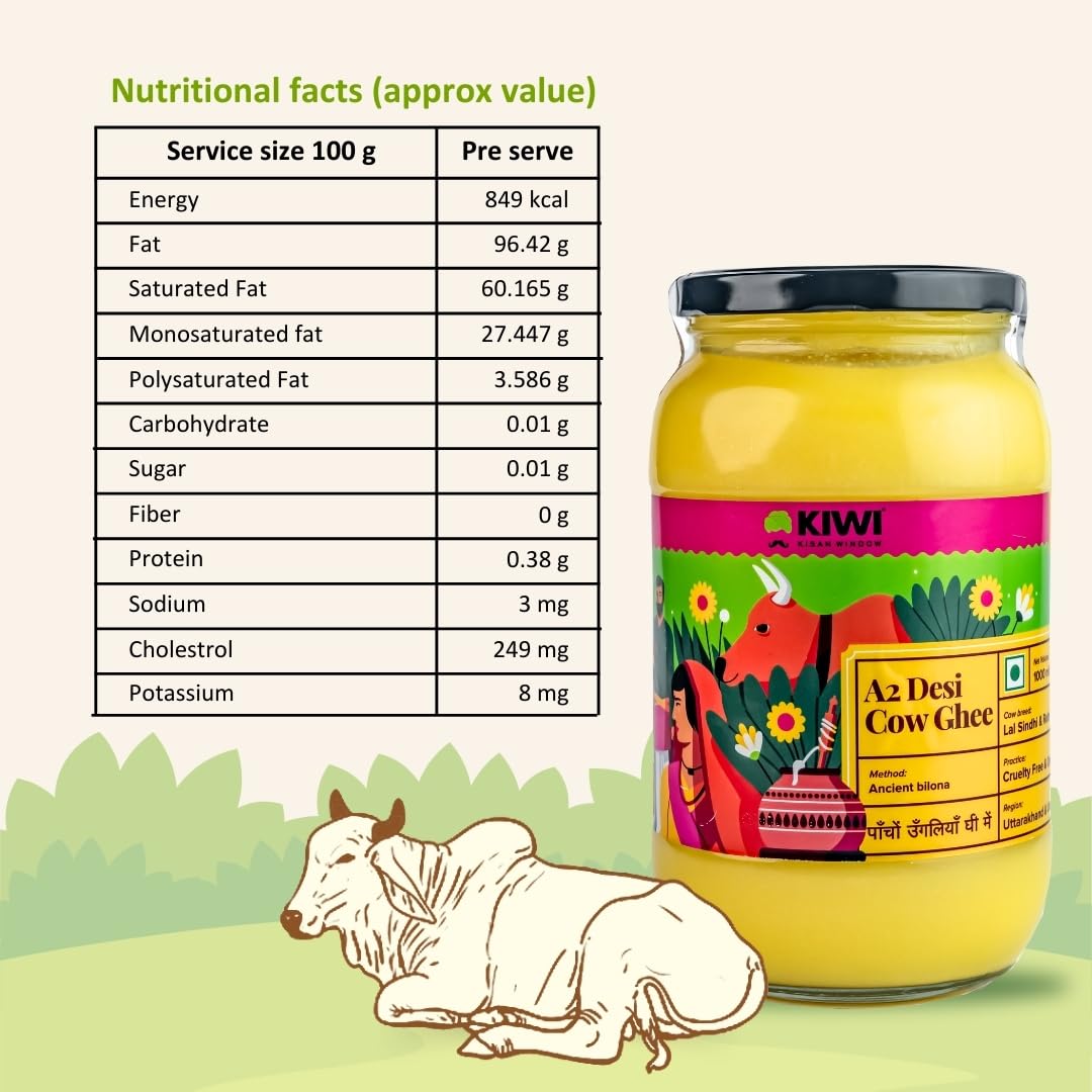 Organic Cow Desi Ghee By Kiwi Kisan Window | Authentic Bilona Method Cow Desi Ghee Good For Immunity & Strong Bones | (1 Litr) 33.8 Ounce | Jar Pack