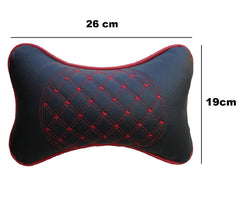 Faux Leather Car Neck Rest Pillow, Pillow Compatible With All Cars - Black, With Red Embroidery | Neck & Head While Driving Pillow For Neck Pain Relief | Light Weight - Pack Of 2