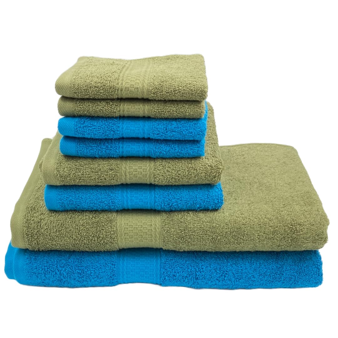 Patpug 100% Indian Cotton Plush Towel Set 2000 Gsm | Highly Absorbent, Fade Resistant, Quick Drying 2 Bath, 2 Hand & 4 Face Towel (Olive Green & Turquoise Blue) - 8 Piece