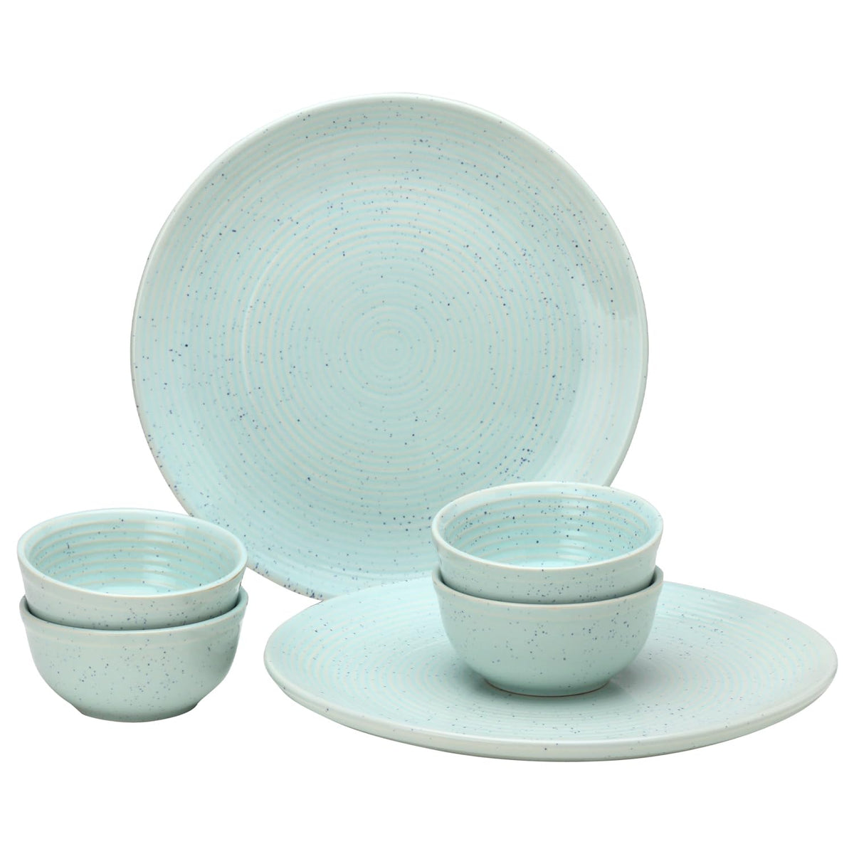 Hand Painted Ceramic Stoneware Dinner Set - Pack Of 6 Pcs, Mint-Green | 2 Dinner Plates, 10.6 Inch Each + 4 Salad Bowl, 180ml Each - Microwave & Dishwasher Safe