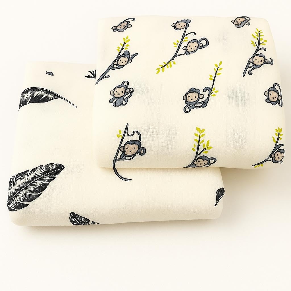 Organic Cotton Muslin Baby Bath Towel 200 Gsm | Cotton Cloth Premium Baby Washable Reusable, Absorbent, Extra Soft (Monkey & Black Feather)- Pack Of 2