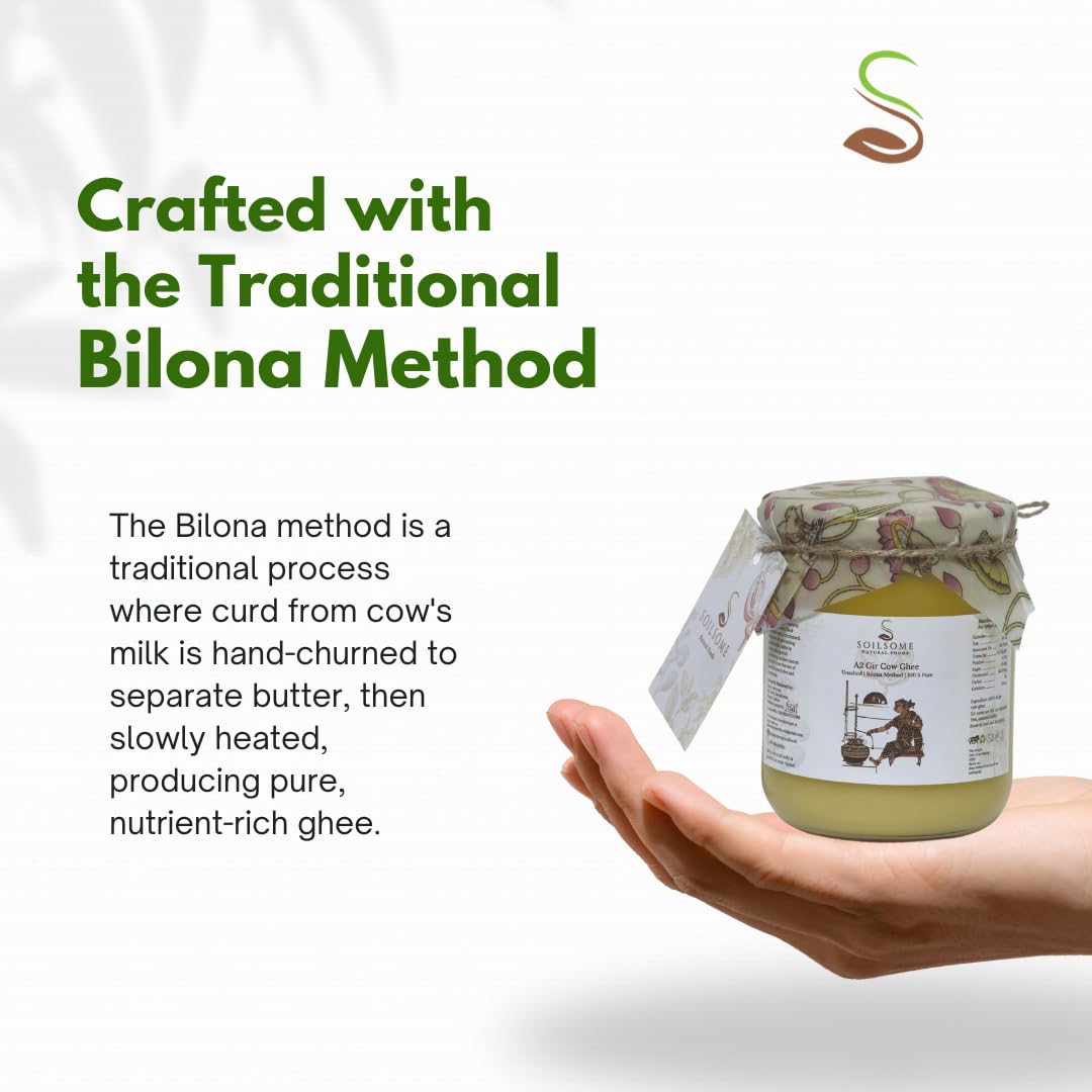 100% Pure A2 Gir Cow Ghee By Soilsome | Delicious & Nutrients Protein Fiber Vedic Bilona Method Healthy Desi Ghee Good For Laddus | (500ml) 16.9 Ounce | Jar Pack