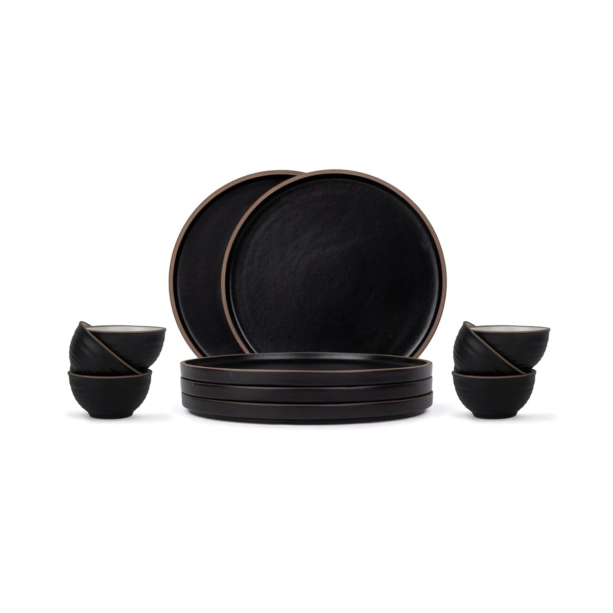 Ceramic Japandi Dinner Set - 12 Pcs, Black | Crockery Set, Ceramic Dinner Set With Matte Finish - Dinner Set Ceramic | 6 Dinner Plates + 6 Veg Small Bowls, 220ml Each