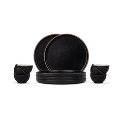 Ceramic Japandi Dinner Set - 12 Pcs, Black | Crockery Set, Ceramic Dinner Set With Matte Finish - Dinner Set Ceramic | 6 Dinner Plates + 6 Veg Small Bowls, 220ml Each