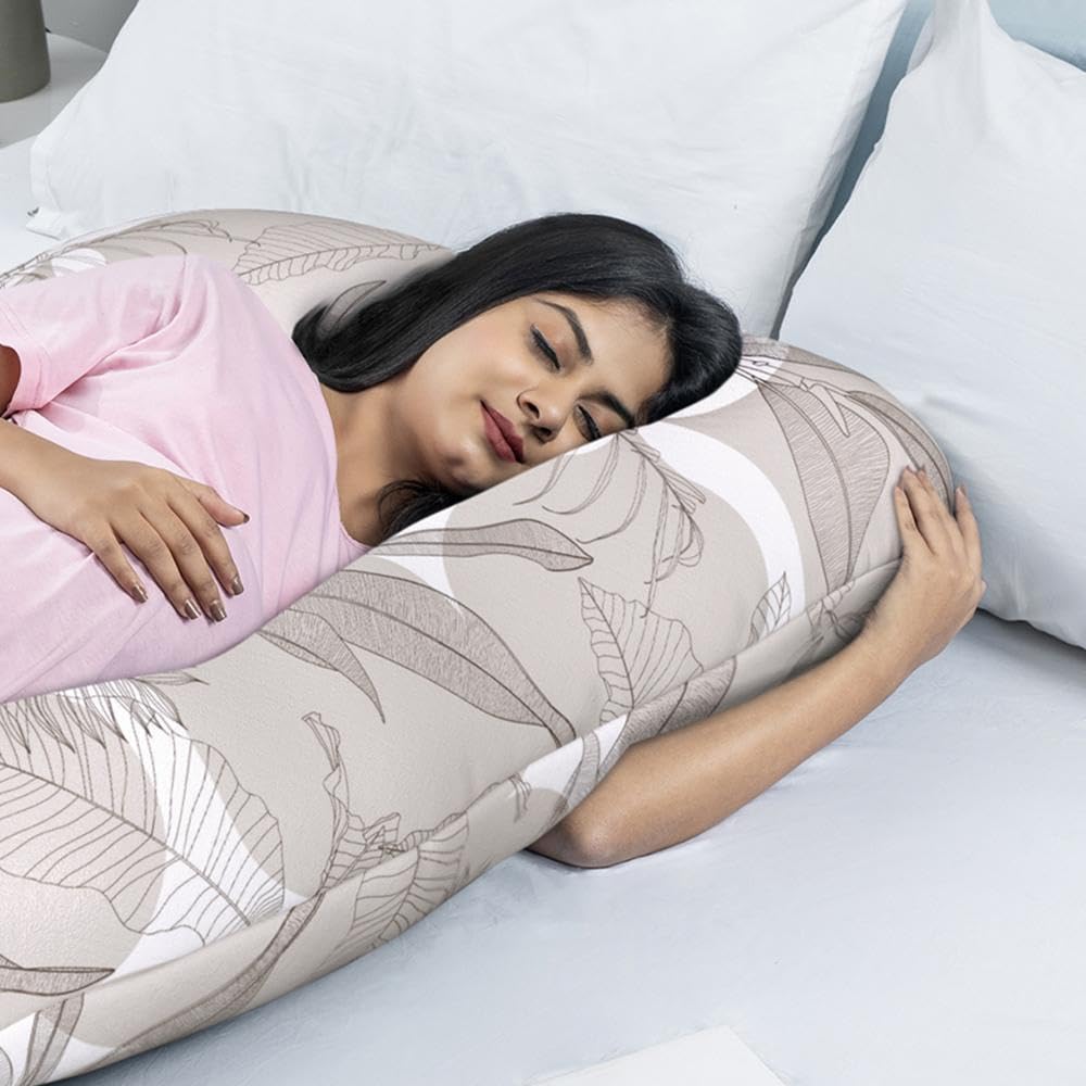 Pregnancy Pillow, U Shaped Pillow, Maternity Pillow For Sleeping - Light Brown | Mekko Printed, 100% Cotton Pillow For Pregnant Mothers With Breathable & No Heat Fabric - Full Body Support