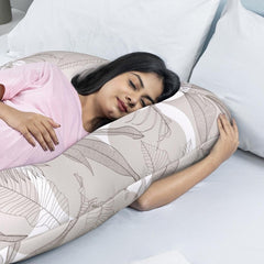 Pregnancy Pillow, J Shaped Pillow, Maternity Pillow For Sleeping - Light Brown | Mekko Printed, 100% Cotton Pillow For Pregnant Mothers With Breathable & No Heat Fabric - Full Body Support