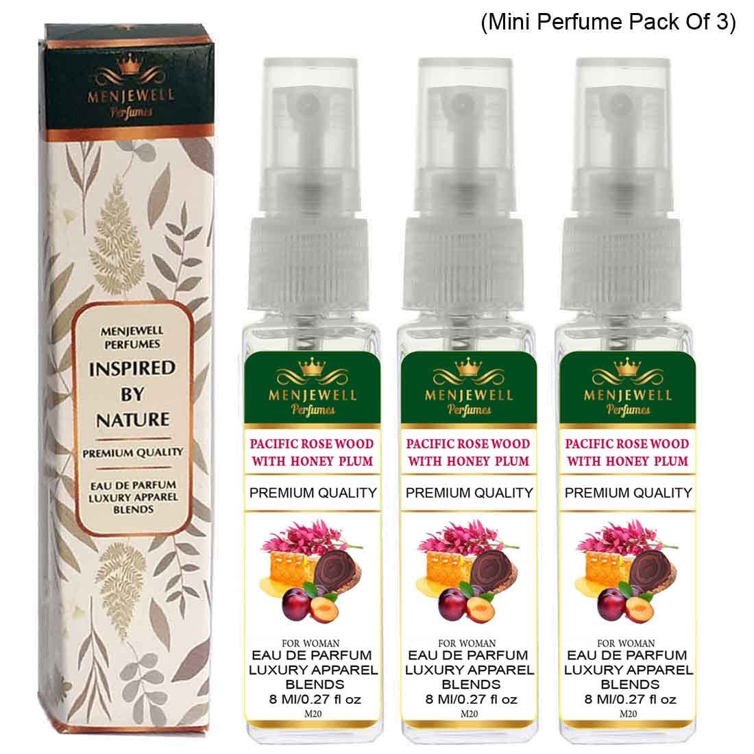 Menjewell Pacific Rose Wood With Honey Plum Eau De Parfum For Woman 8ml 0.27 Fl.oz. Each Pack Of 3 | Luxury Apparel Parfum | Long Lasting