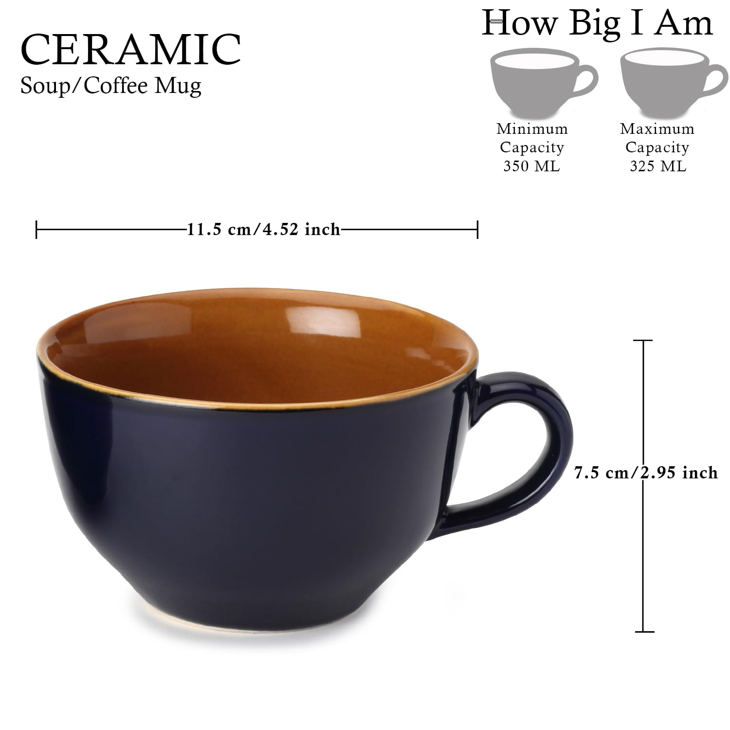 Ceramic Soup & Coffee Wide Large Mug With Handle - Set Of 1, 350ml, Royal Blue | Bone Ash Free & Microwave Safe - Cup For Maggi, Cappuccino, Latte, Green Tea - Glossy Finish