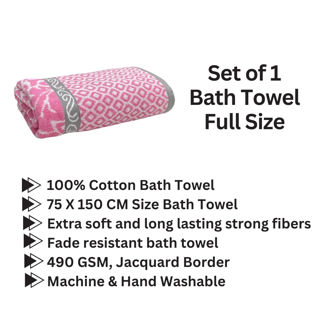 Stamio Cotton Bath Towel 550 Gsm | Extra Soft & Absorbent Large Full Size Towels For Bathing, Home, Sports, Salon, Hotel Use | Jacquard Border (Pink)