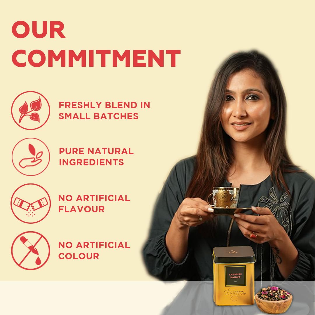 Chayam Kashmiri Kahwa Green Tea - 50gm, 1.7 Ounce | Detox Kahwa Tea For Digestion & Metabolism - Blended With Saffron, Cardamom, Cinnamon, Cloves, Almond & Rose Petals | Low Caffeine