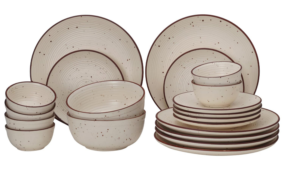 Handcrafted Ceramic Stoneware Dinner Set Of 20 Pieces With Serving Bowls Set - Beige | 6 Dinner Plates + 6 Small Plates + 6 Small Dinner Bowl, 180ml Each+ 2 Serving Bowl, 1000ml Each - Serving For 6