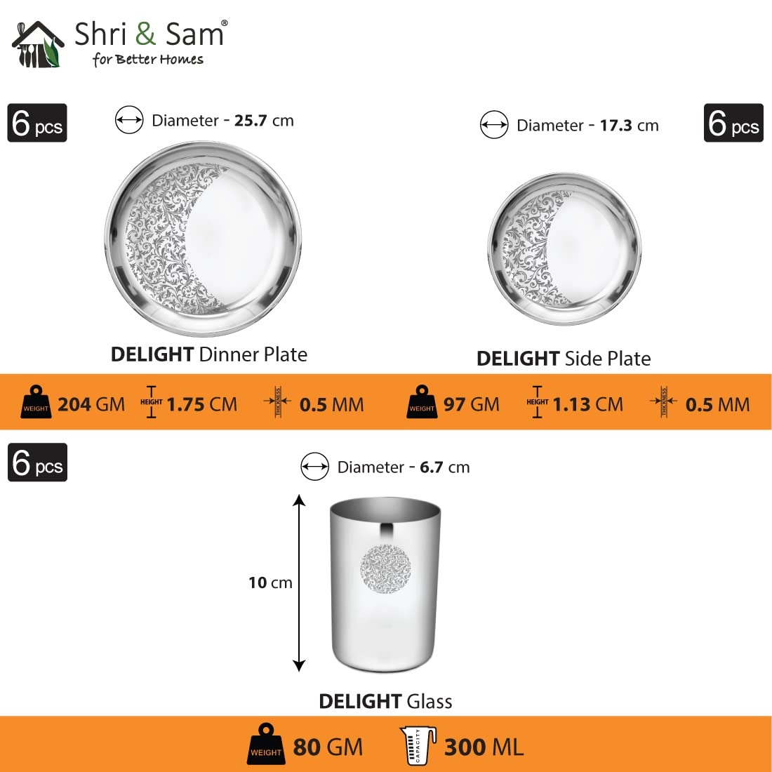 Designer Stainless Steel Delight Laser Bloom Leaf Dinner Set Of 36 Pieces, Silver | 6 Dinner Plates+ 6 Side Plates+ 6 Glasses+ 6 Bowls+ 6 Dessert Spoons+ 6 Dessert Fork