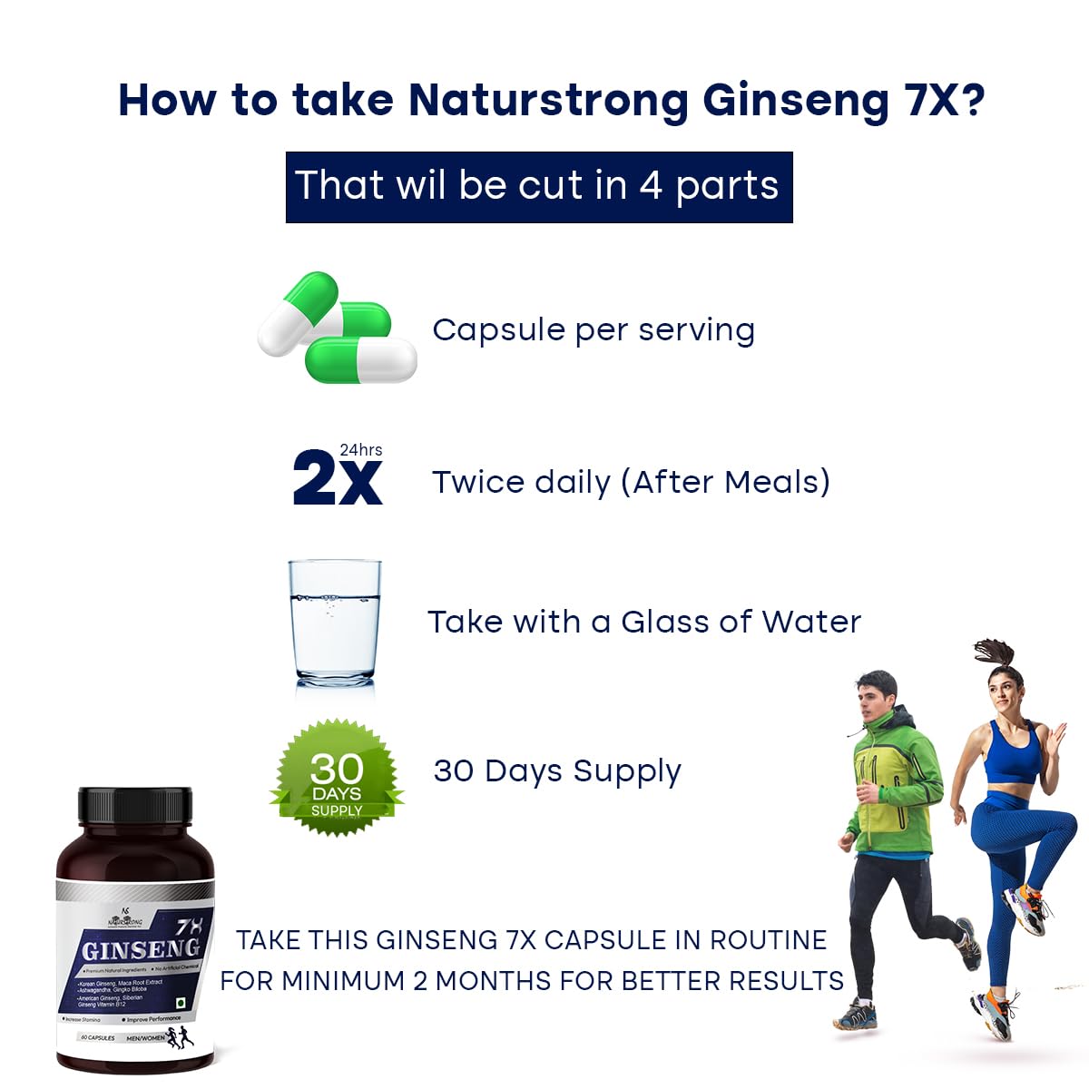 Naturstrong 100% Natural Ginseng 7x Maca Root Blend Comes With 3 Types Of Ginseng, Korean Red, Siberian & American Ginseng, With Maca Root, Ashwagandha & Vitamin B12 | 60 Capsules 100gm 0.2lbs