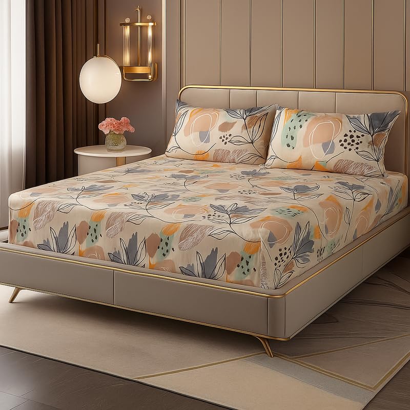 King Size 1 Double Bedsheet With 2 Pillow Covers - Size - 72x78+10 Inches, Beige | Cotton Full Elastic Fitted Bedsheets For Double Bed