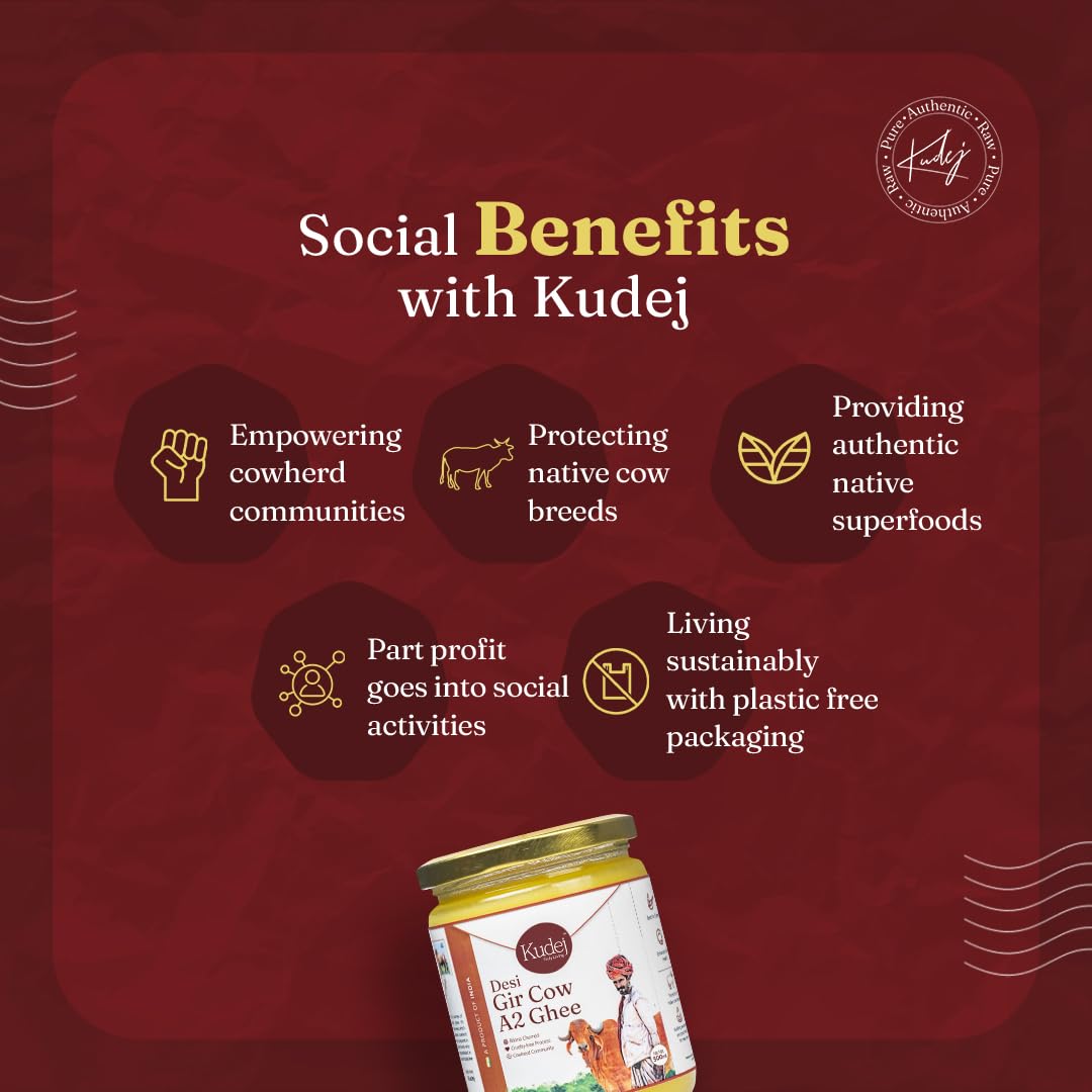 Premium Gir Cow A2 Ghee By Kudej | High In Vitamins A, D & Healthy Bilona Method Desi Ghee Good For Weight Loss | (500ml) 16.9 Ounce | Jar Pack
