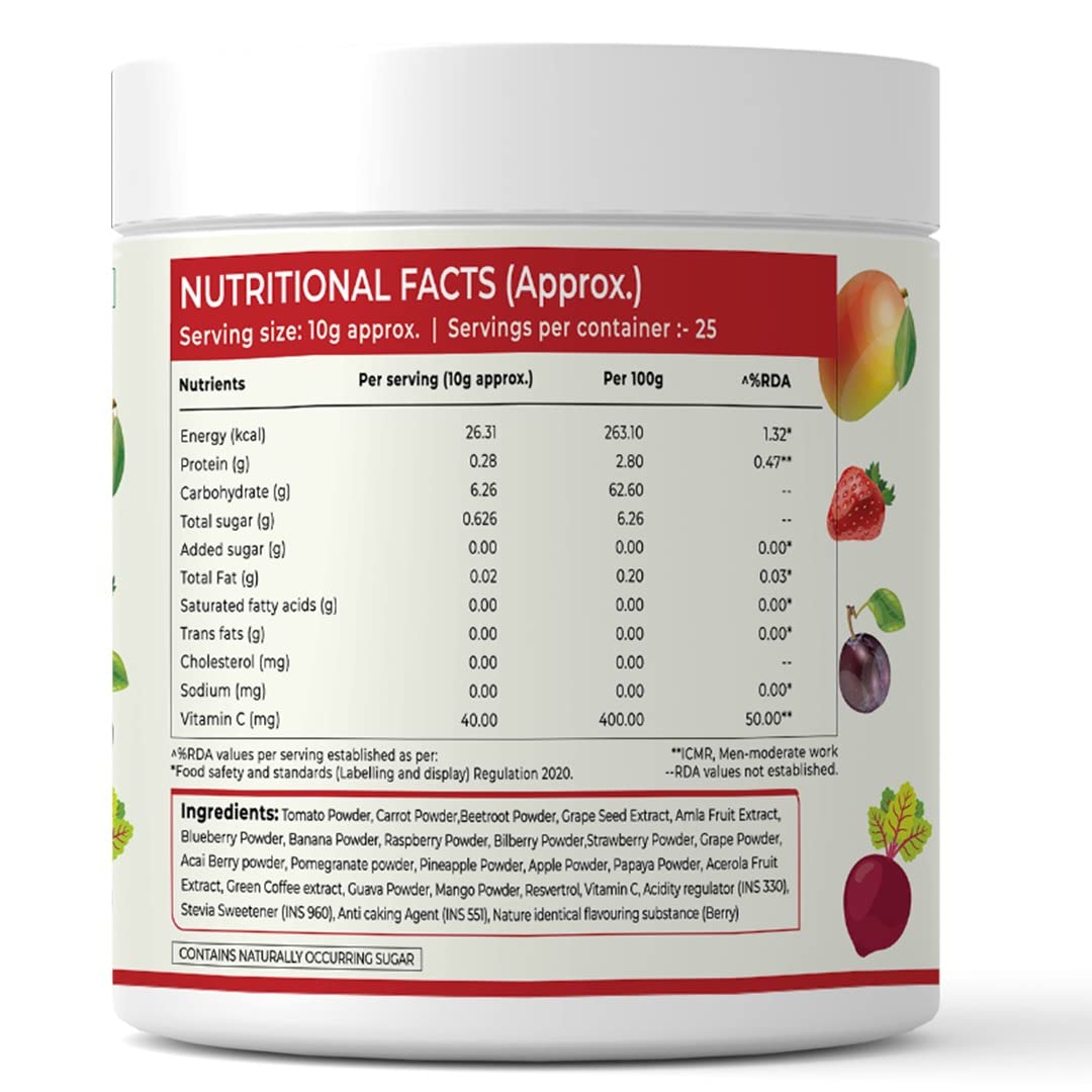 Rooted Actives Super Reds , 21 Nutritious Fruits, Berries & Stevia , No Added Sugar | Rich In Antioxidants, Flavonoids & Polyphenols , Heart, Circulation Health, Energy & Vitality | 250gm 0.5lbs