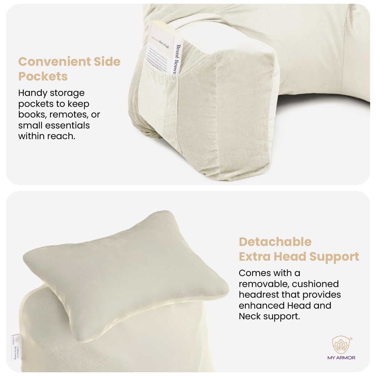 Backrest Pillow For Bed With Detachable Neck Rest & Support Arms - Cream | Soft Reading Pillow, Back Support Wedge Pillow For Working, Seating & Relaxing In Bed, Adjustable Pillow
