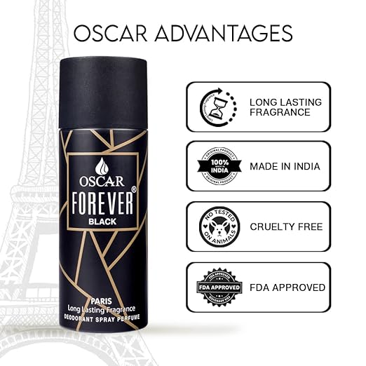 Oscar Forever Black Deodorant Spray Perfume | Long Lasting Woody Aromatic Fragrance | Everyday Body Deodorant Spray | Skin Friendly Deodorant Spray Perfume For Men | 150ml 5 Fl.oz.