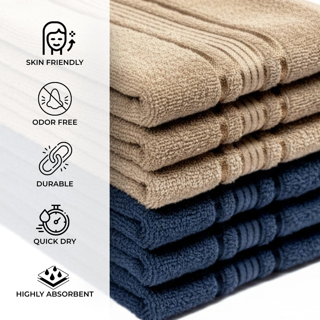 Akiko Home 100% Cotton Essential Series Hand Towels 1200 Gsm | Soft, Absorbent & Durable, Cotton Hand Towel For Bathroom Use, Gentle On Skin- Pack Of 6 (Beige & Navy)