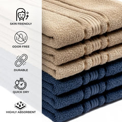 Akiko Home 100% Cotton Essential Series Hand Towels 1200 Gsm | Soft, Absorbent & Durable, Cotton Hand Towel For Bathroom Use, Gentle On Skin- Pack Of 6 (Beige & Navy)