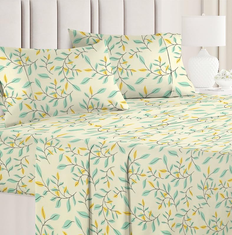 100% Cotton Double Bedsheets With 2 Matching Pillow Covers | 86 X 90 Inches, Beige & Green | Soft & Comfortable Bed Sheets - Ideal For Everyday Use