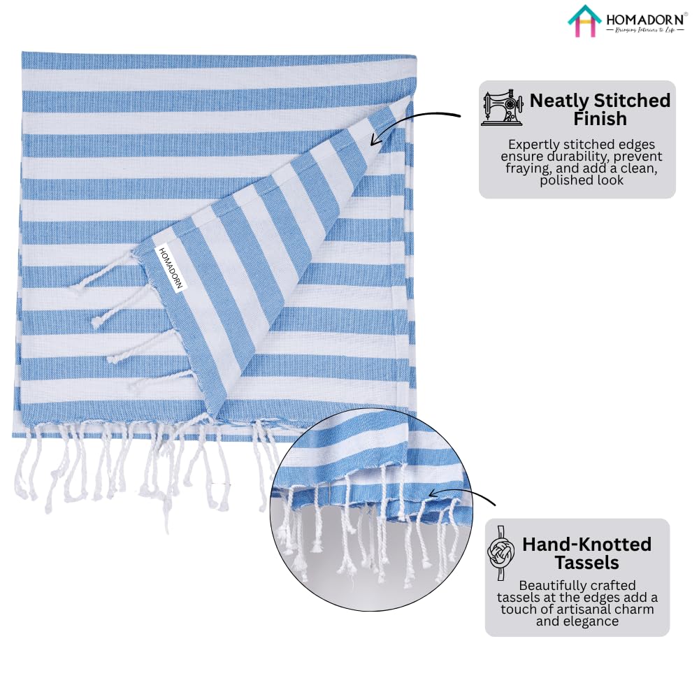 Homadorn 100% Cotton Striped Fouta Bath Towels 700 Gsm | Soft Quick Dry & Absorbent Hand-Knotted Tassels | Turkish Hamam Towel (Blue - White)- Pack Of 2