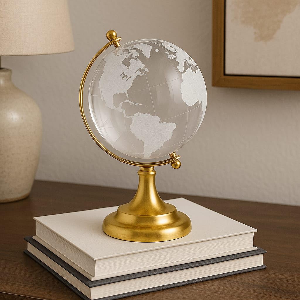 Luxury Crystal Globe With Golden Stand, For Desk Or Office Decor, Modern Decorative Glass Globe With Etched Continents (Gold & White) Medium, Pack Of 1