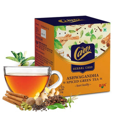 Care Ashwagandha Spiced Herbal Care Green Tea - 5 Packs X 25 Sachets | Organic Desi Kahwa With Tulsi, Ginger, Cinnamon - Ayurvedic Indian Kadha For Detoxification | Whole Loose Leaves Blend