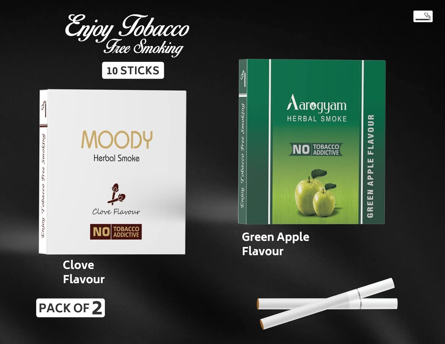 Aarogyam Herbals Pack Of 2 Flavours 100% Tobacco & Nicotine Free Cigarette For Relieve Stress & Mood Enhance Product Green Apple, Clove - 10 Sticks X 2 Packets
